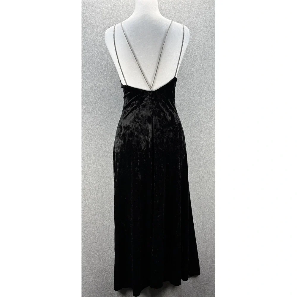 H&M Black Velour Rhinestone Strap Midi Dress Open Back Formal Cocktail M - Picture 12 of 14